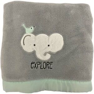 Just Born Elephant Explore Bird Gray Baby Blanket Mint Green Plush Soft Satin